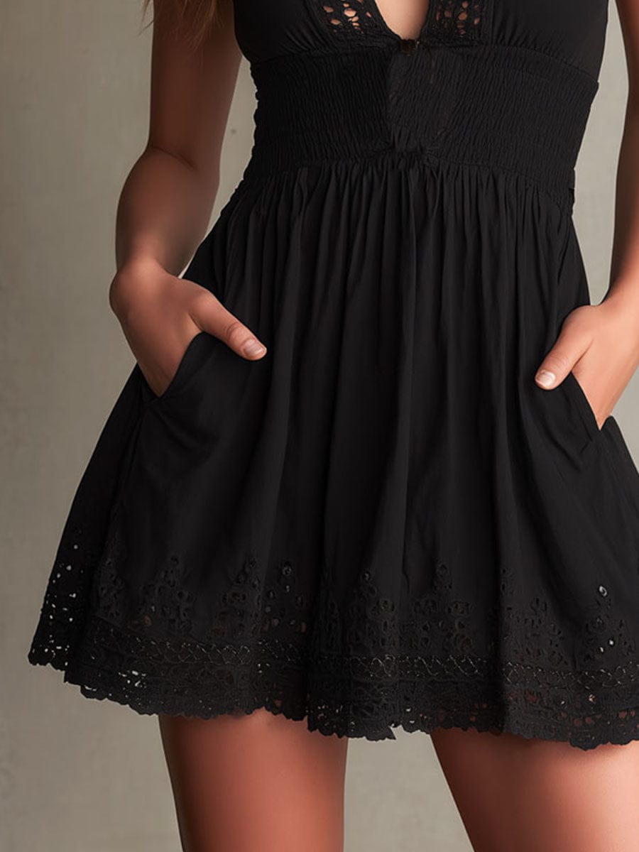 Mirela Studio Vestido Mini Negro con Bordado Calado