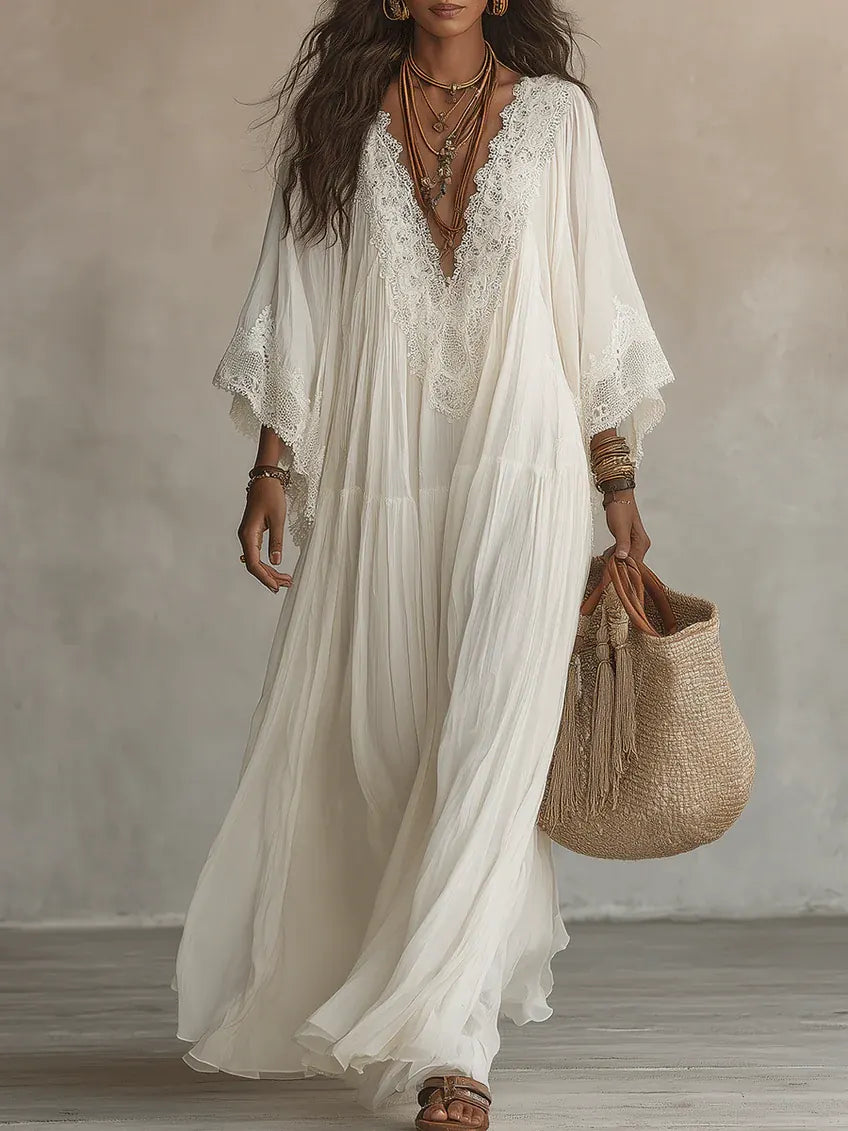 Sandra | Vestido largo de blanco con escote en V