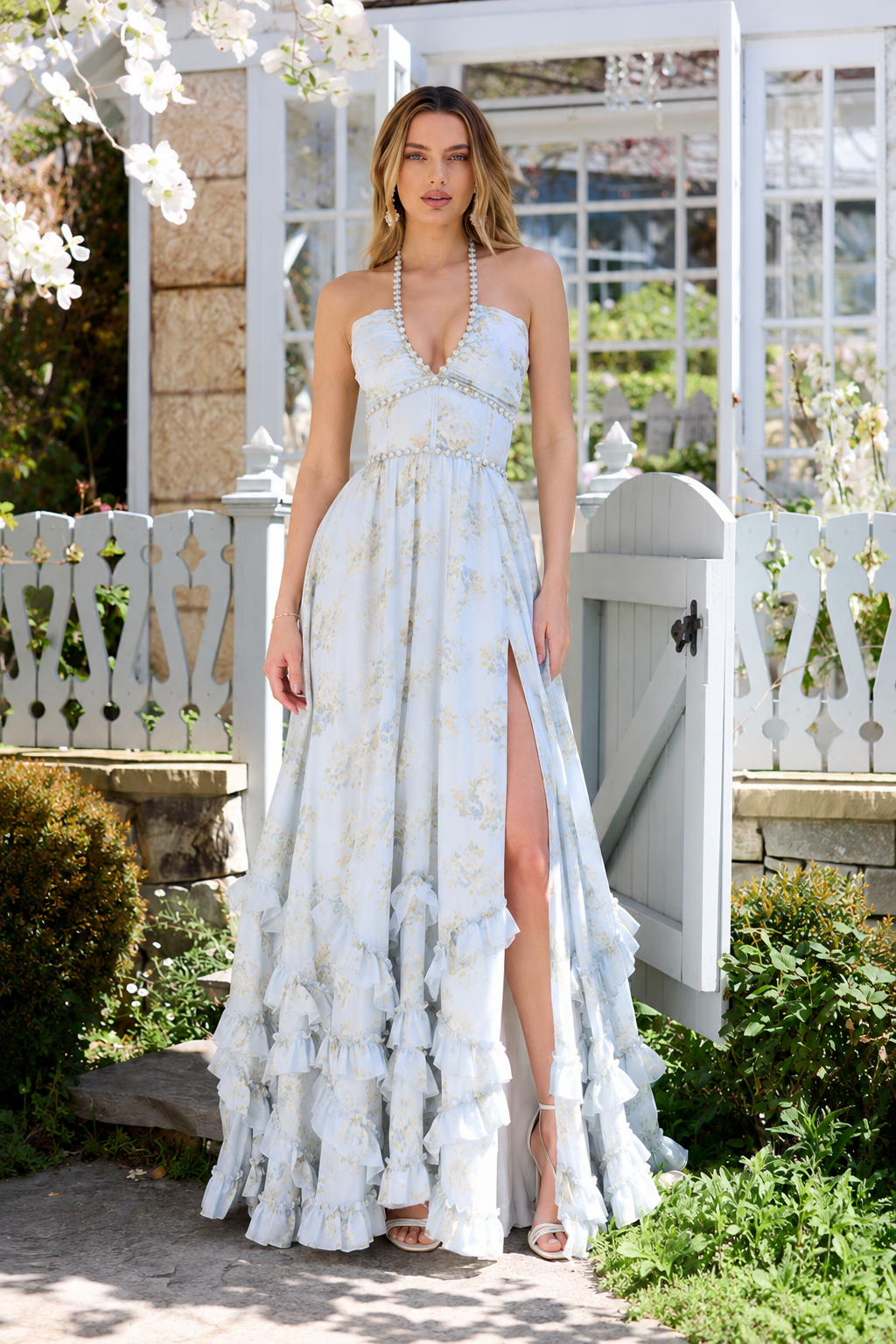 Vestido Largo Floral con Abertura y Detalle de Perlas