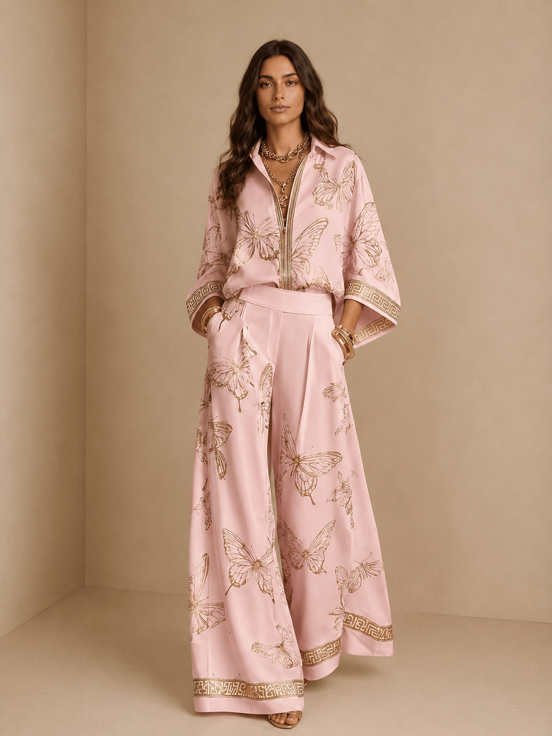 Mirela Studio S / Rosa Sandra | Conjunto Satinado Estampado Mariposas