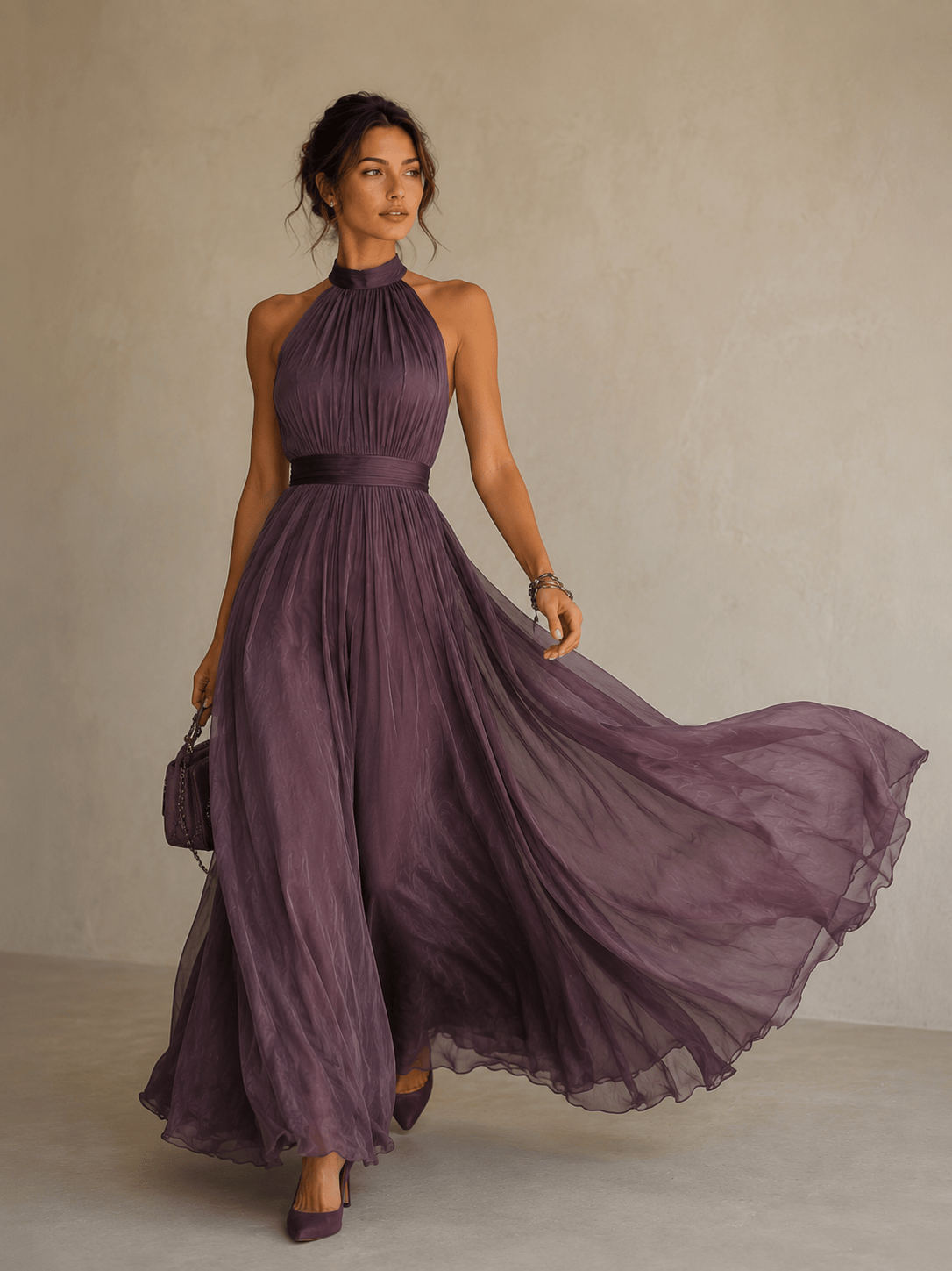 Mirela Studio Vestido Viola | Maxi Halter con Vuelo y Cinturón