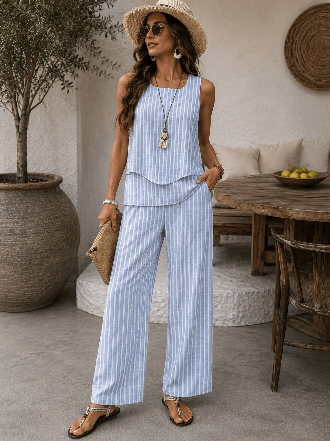 Mirela Studio Conjunto Capri · Top + Pantalón Wide Leg a Rayas