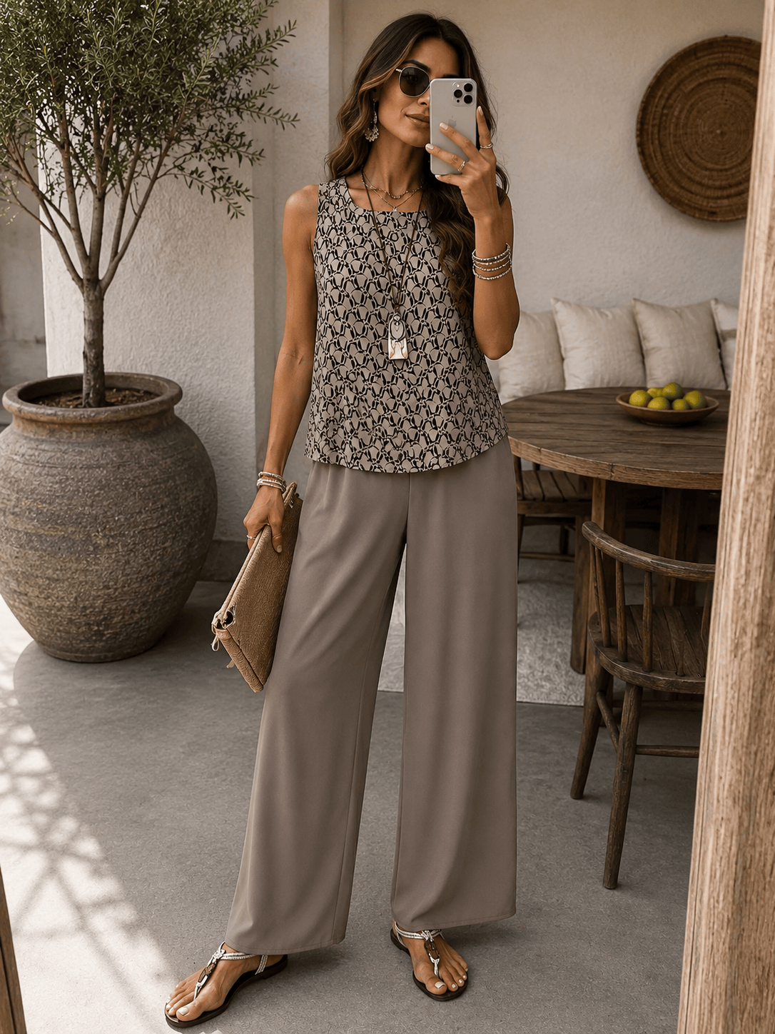 Mirela Studio Conjunto Tierra · Top Estampado + Pantalón Wide Leg