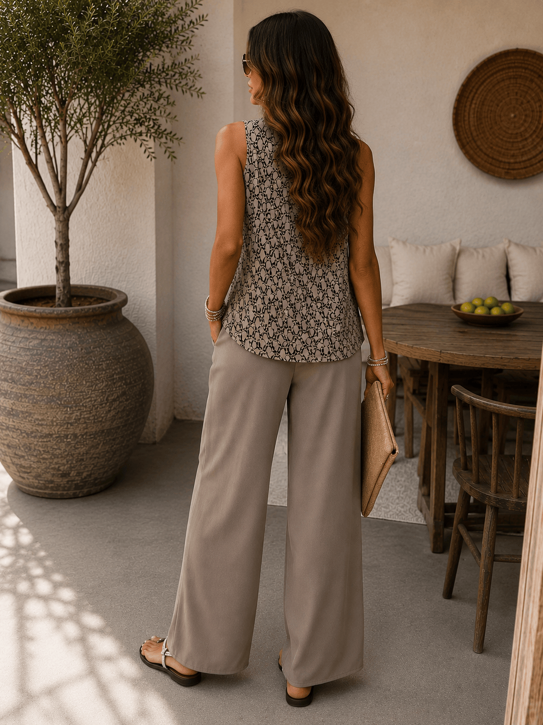 Mirela Studio Conjunto Tierra · Top Estampado + Pantalón Wide Leg