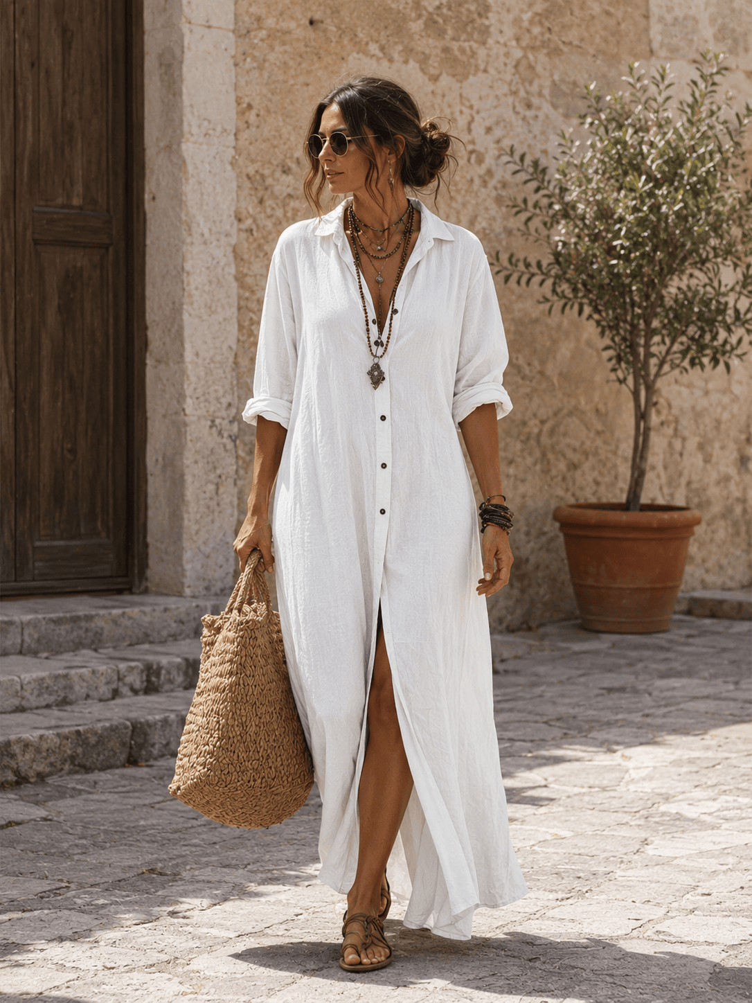 Mirela Studio Blanco / XS Vestido Maxi Bohemio Abertura Frontal