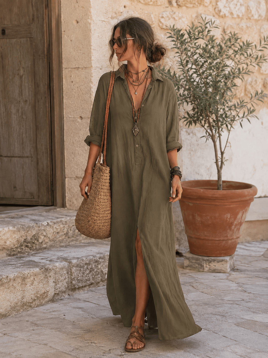 Mirela Studio Caqui / XS Vestido Maxi Bohemio Abertura Frontal