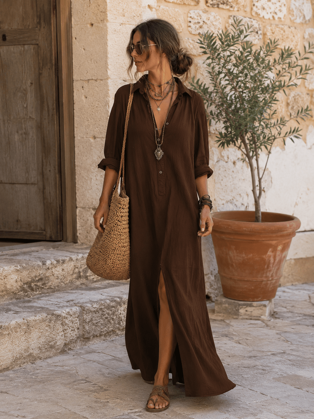 Mirela Studio Marron / XS Vestido Maxi Bohemio Abertura Frontal