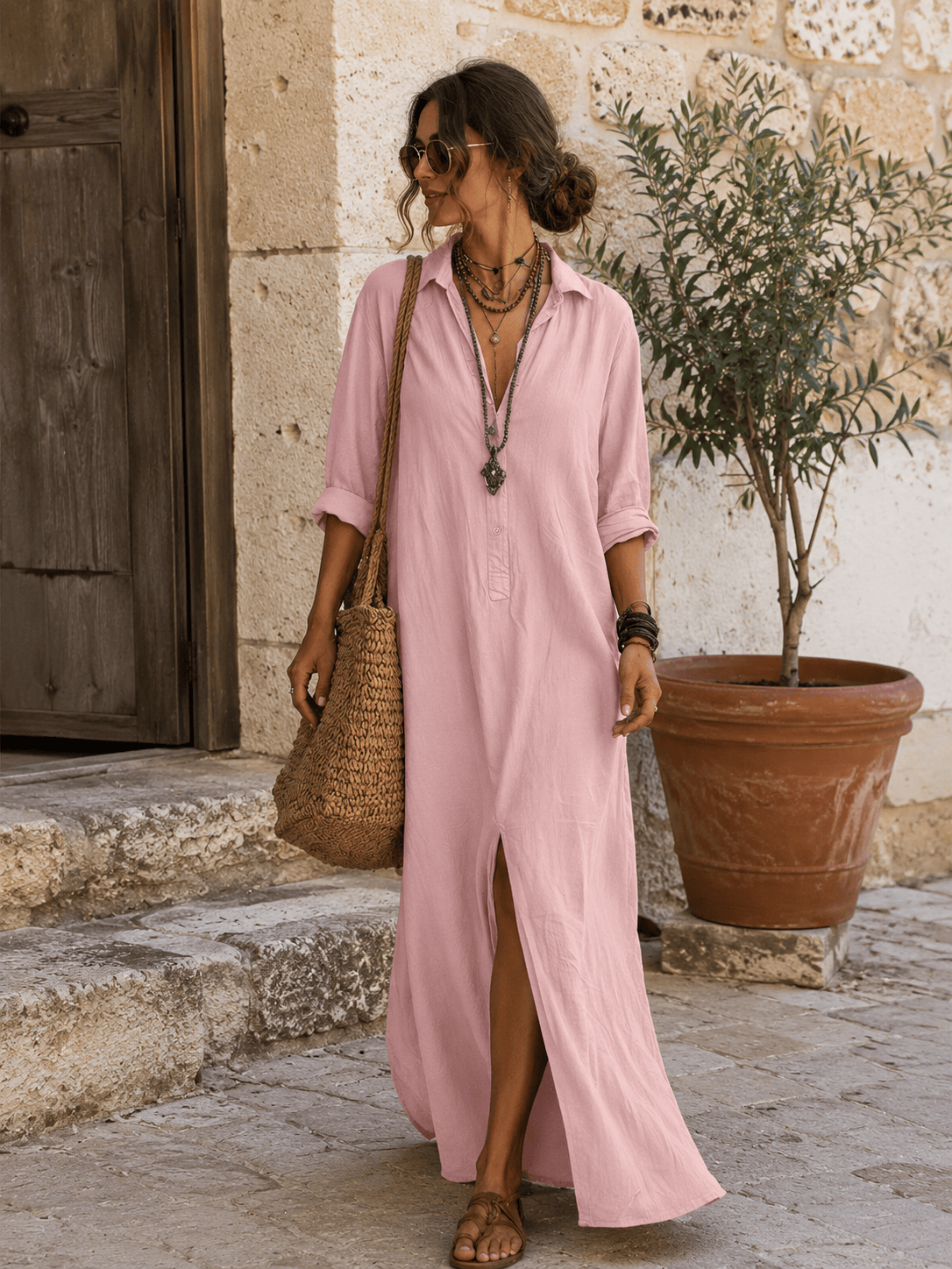 Mirela Studio Rosa / XS Vestido Maxi Bohemio Abertura Frontal