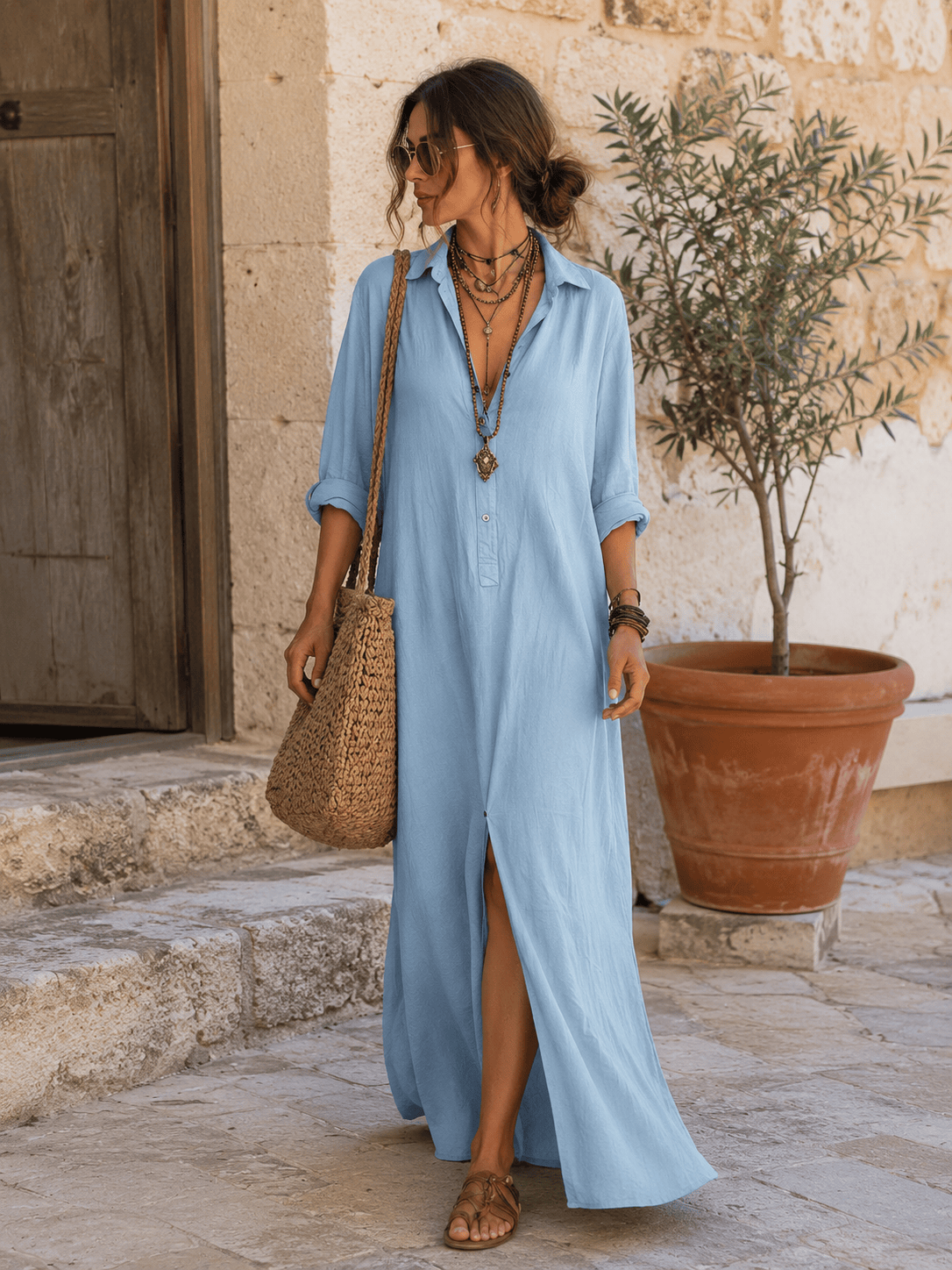 Mirela Studio Azul / XS Vestido Maxi Bohemio Abertura Frontal