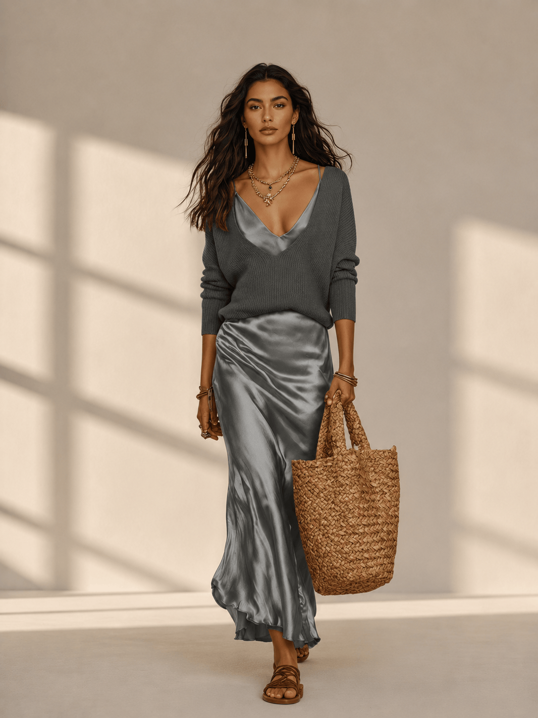 Mirela Studio Gris / XS Conjunto Midi Satén Elegante