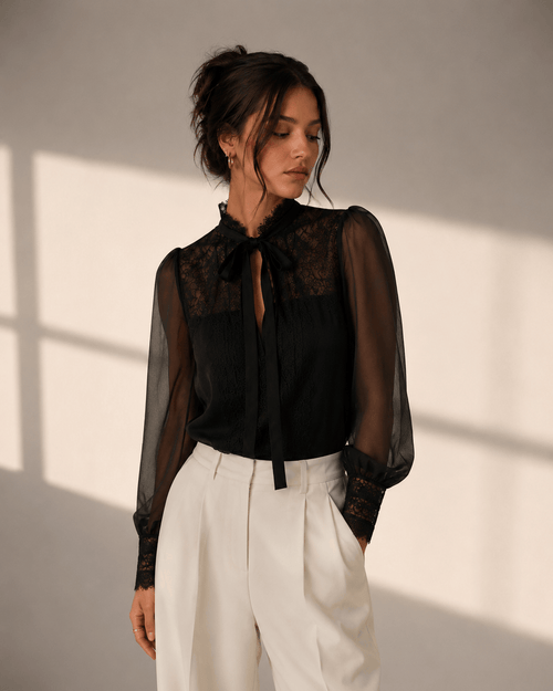 Mirela Studio Blusa Elegante Cuello Alto y Lazo