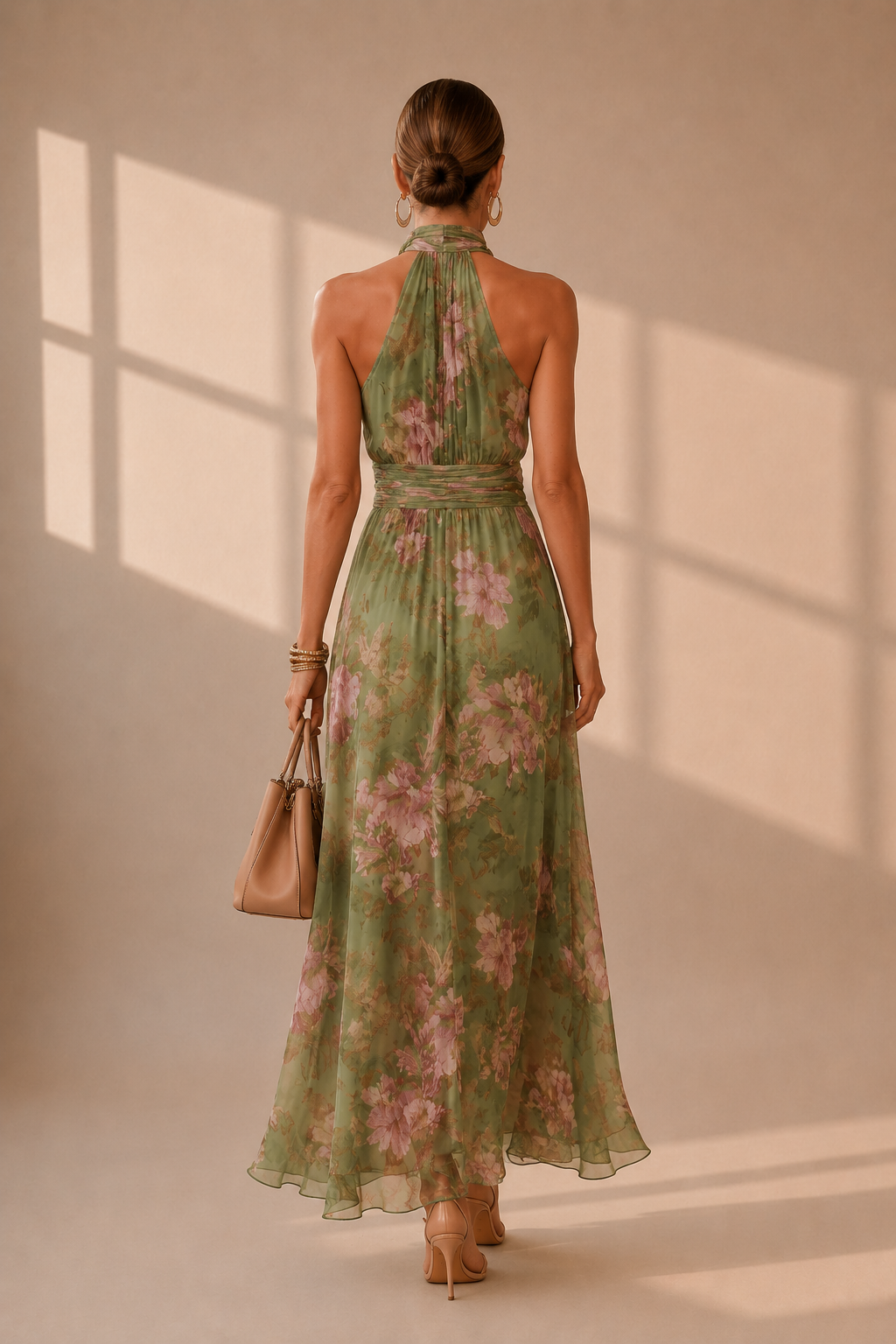 Vestido Largo Floral Halter con Detalle Dorado