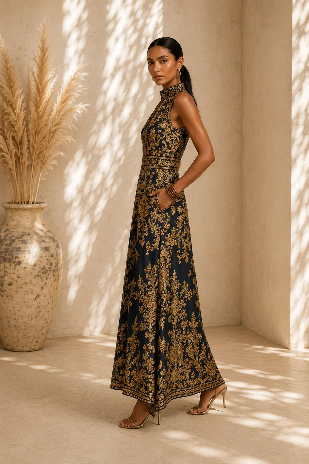 Alhambra | Vestido Maxi Bordado Negro y Dorado
