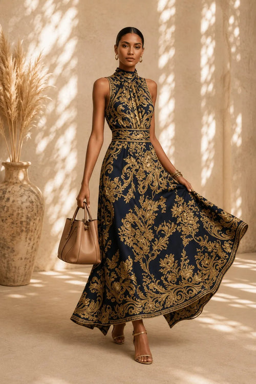 Alhambra | Vestido Maxi Bordado Negro y Dorado