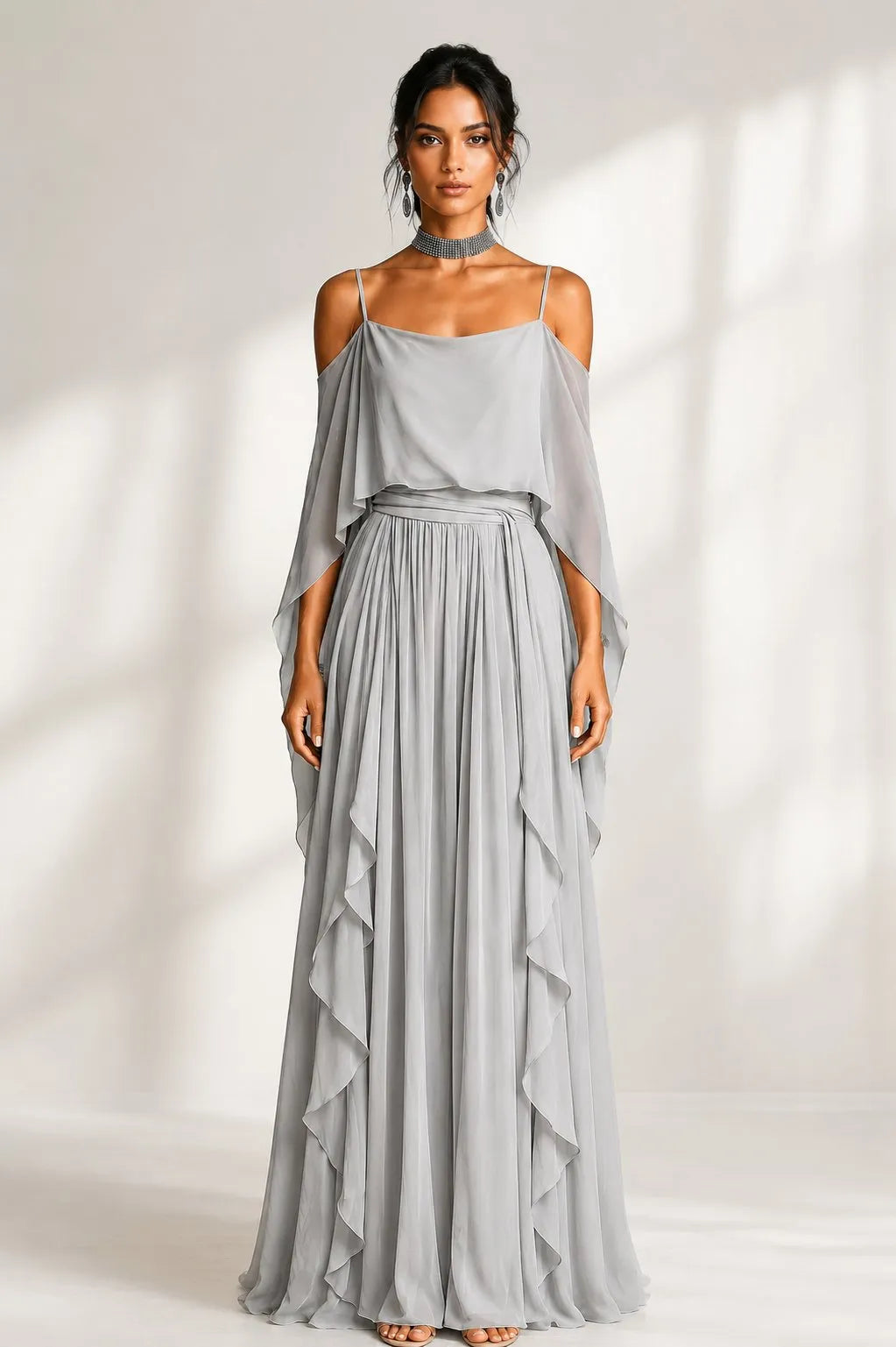 Olimpia | Vestido Maxi Drapeado Gris Plata