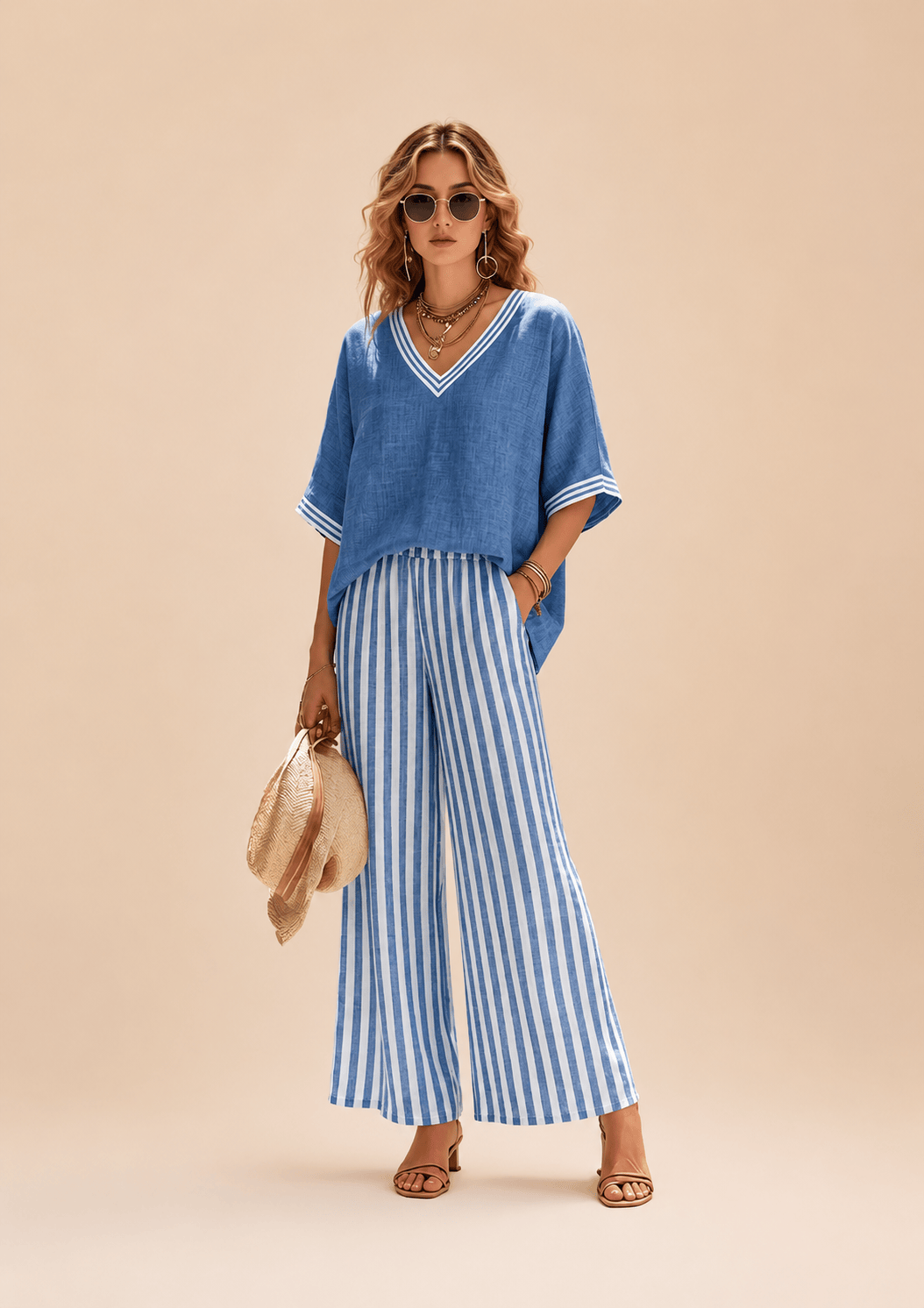 Mirela Studio S / Azul Amélie | Conjunto Lino a Rayas
