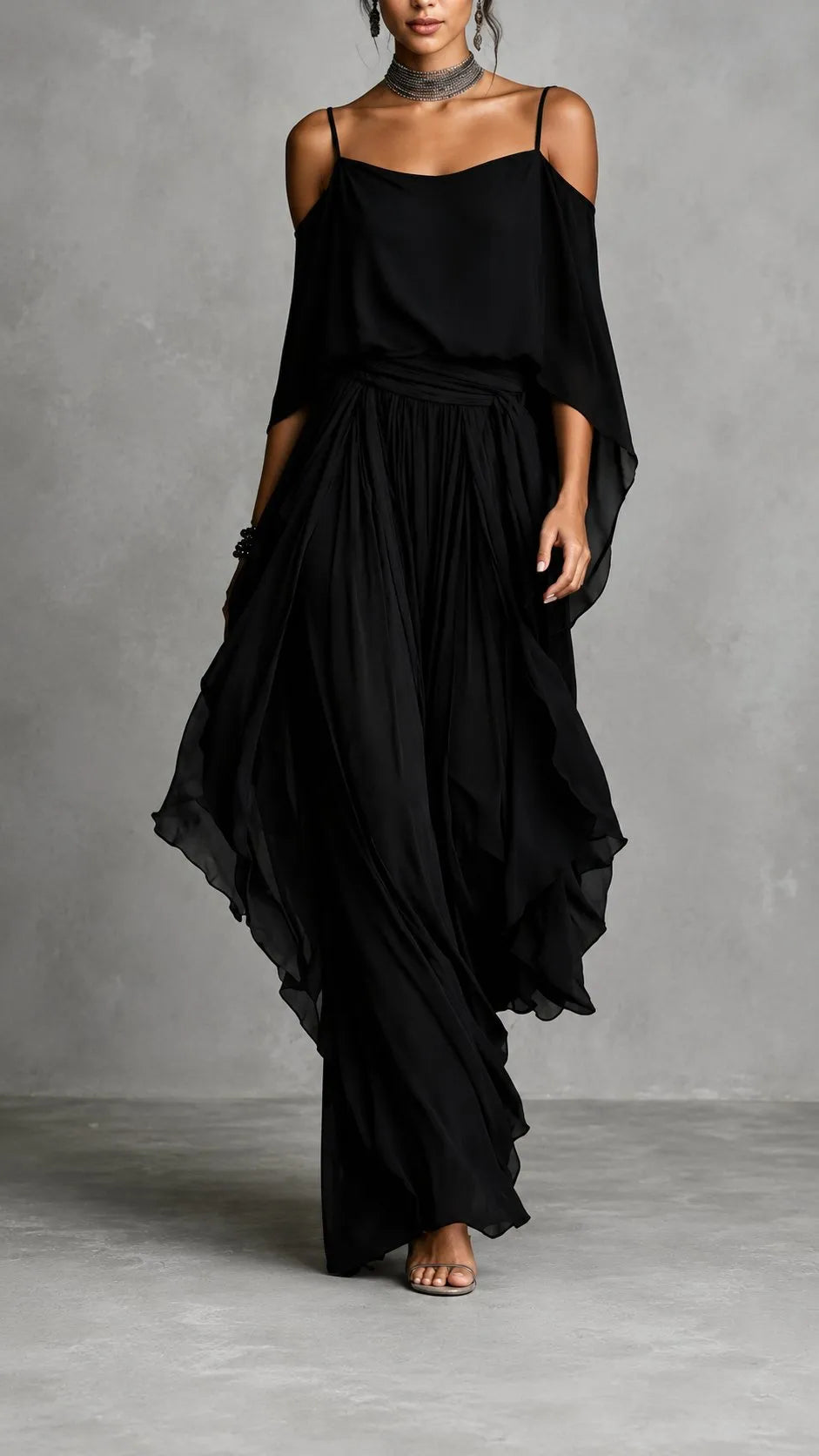 Olimpia | Vestido Maxi Drapeado Gris Plata