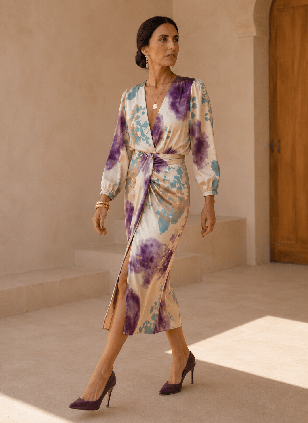 Mirela Studio Vestido Midi Cruzado con Acuarela