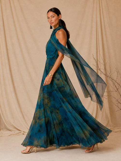 Athena | Vestido Maxi Halter Azul Petróleo