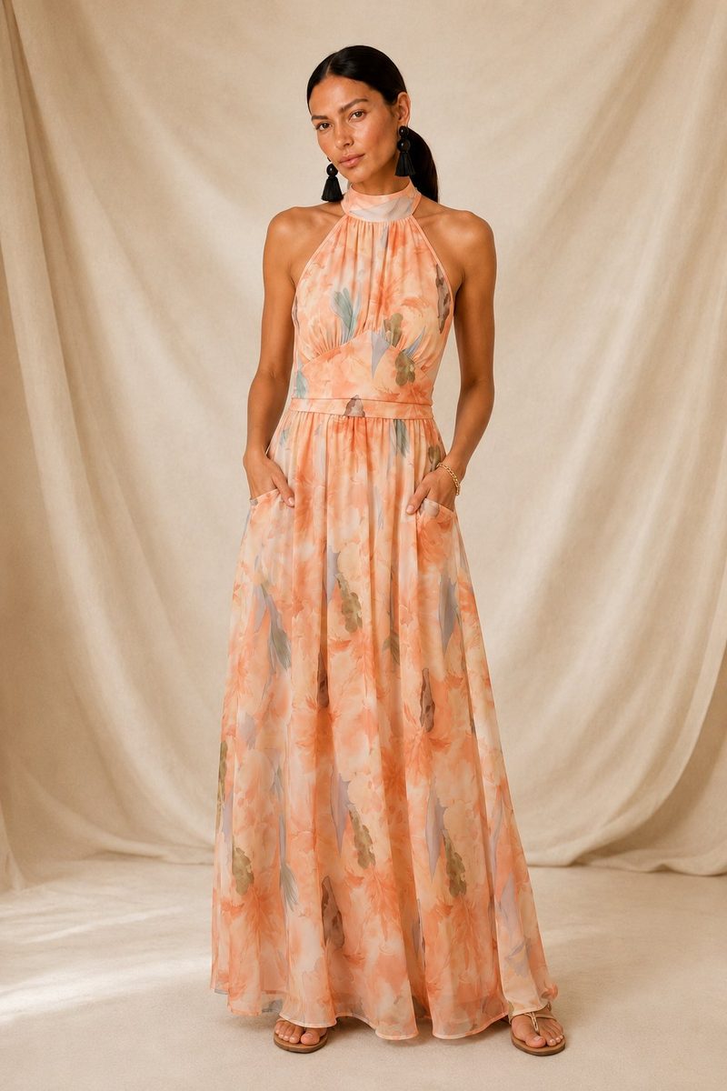 Amalfi | Vestido Maxi Halter Floral Melocotón
