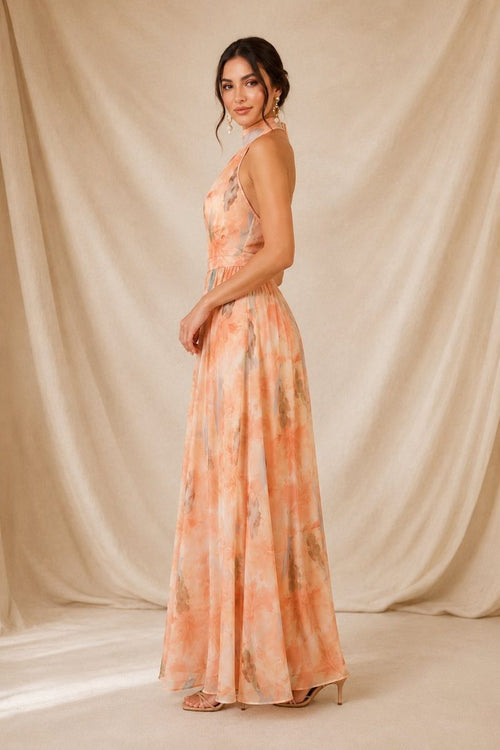 Amalfi | Vestido Maxi Halter Floral Melocotón