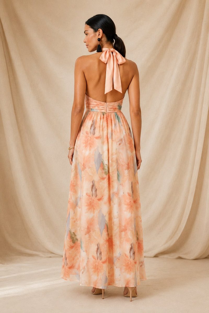 Amalfi | Vestido Maxi Halter Floral Melocotón
