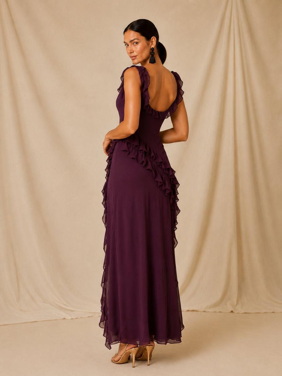 Vestido Isabela — Volantes Asimétricos Ciruela