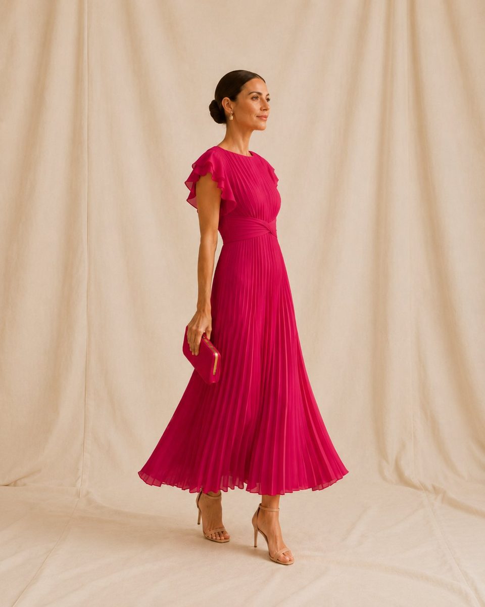 Valentina | Vestido Midi Plisado Fucsia
