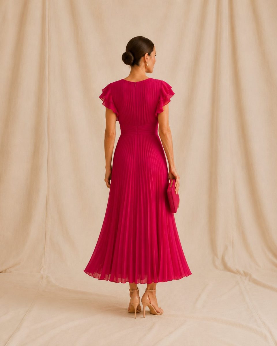 Valentina | Vestido Midi Plisado Fucsia