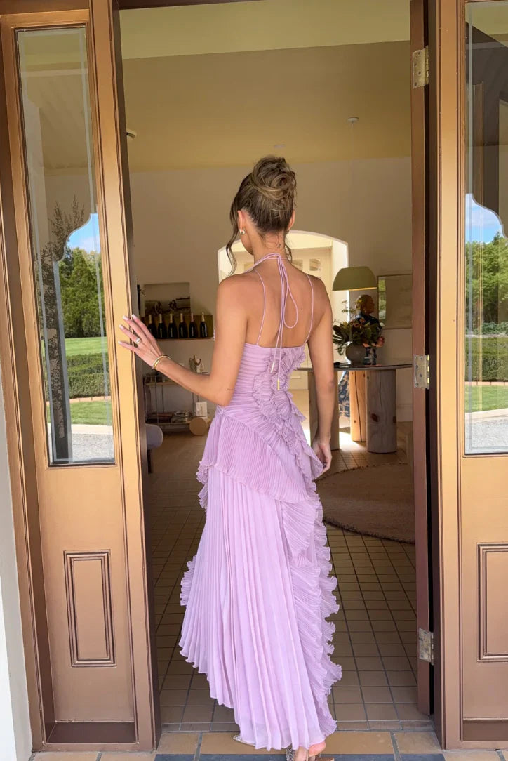 Laura | vestido largo de mujer con plisado y volantes