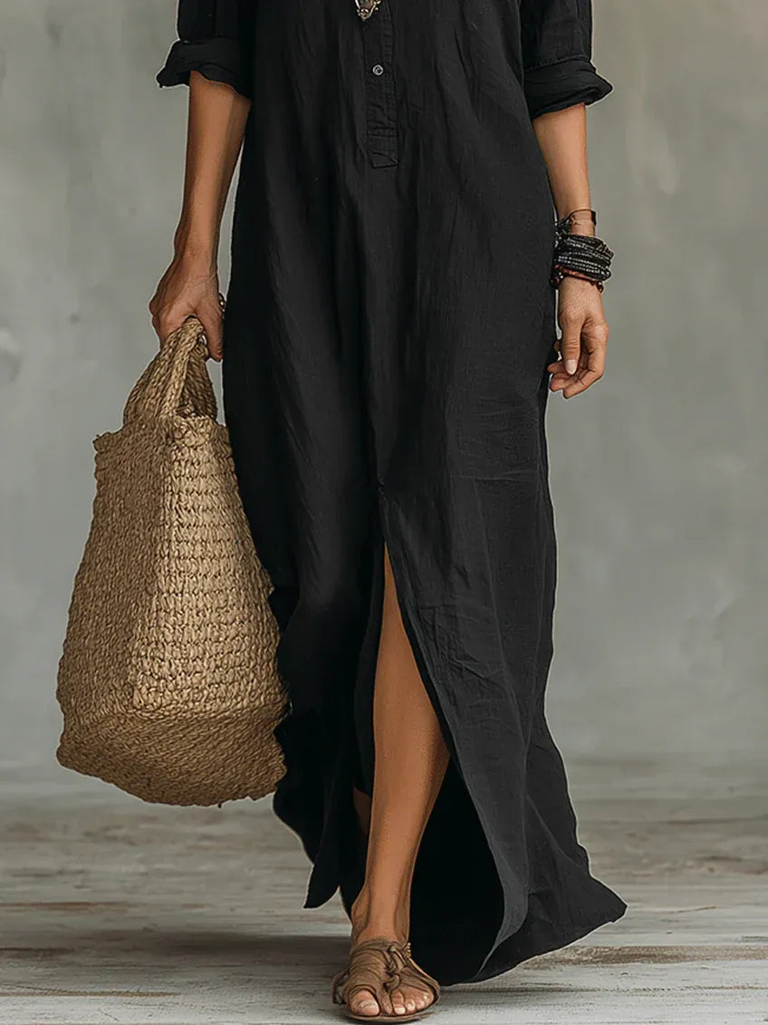 Noche | Vestido Maxi Camisero Negro Boho