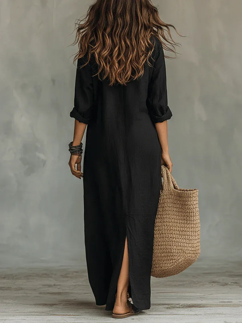 Noche | Vestido Maxi Camisero Negro Boho