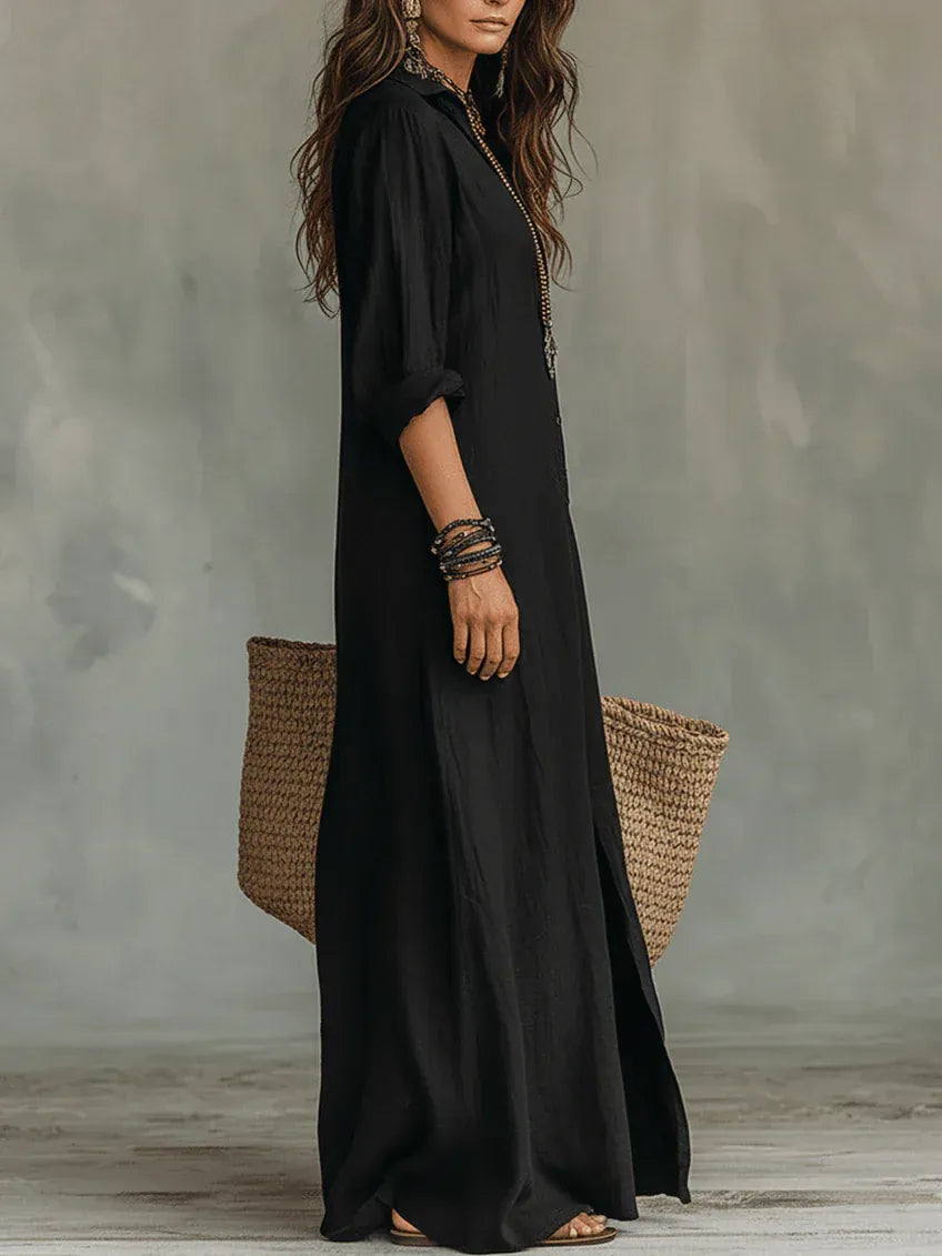 Noche | Vestido Maxi Camisero Negro Boho