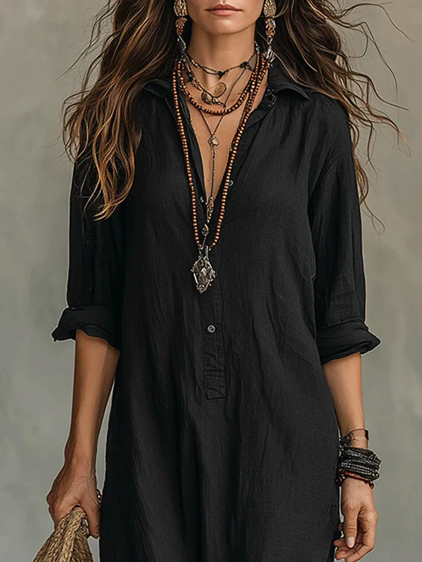 Noche | Vestido Maxi Camisero Negro Boho