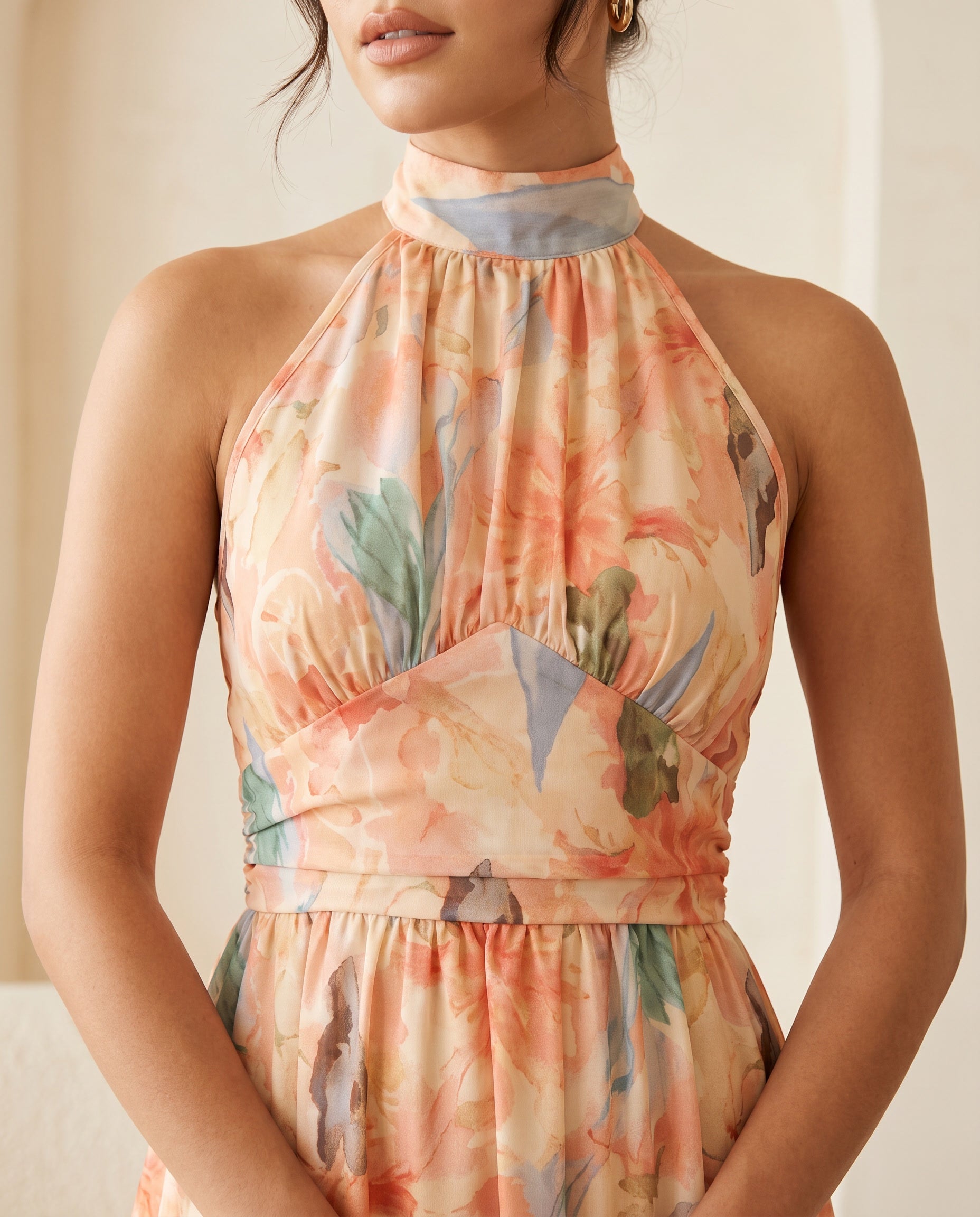 Amalfi | Vestido Maxi Halter Floral Melocotón
