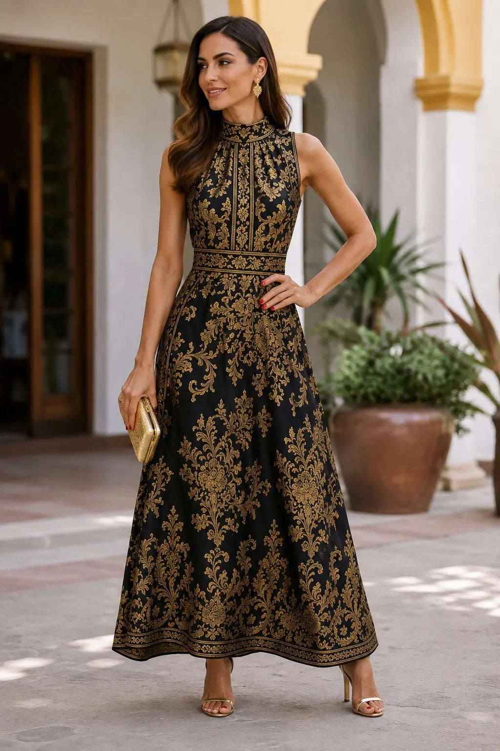 Alhambra | Vestido Maxi Bordado Negro y Dorado