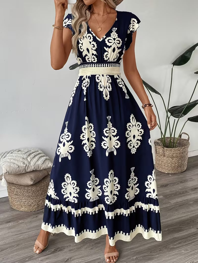 Santorini | Vestido Maxi Bordado Azul Marino