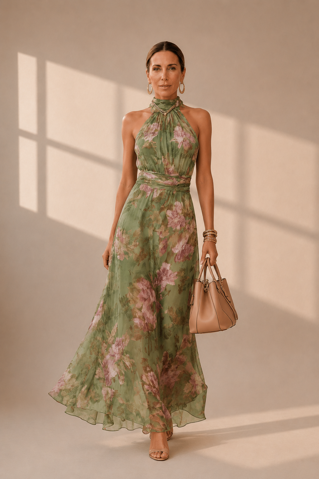 Vestido Largo Floral Halter con Detalle Dorado