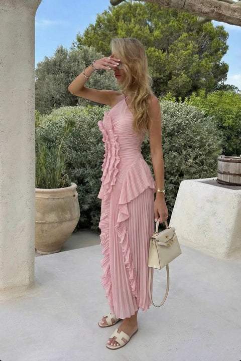 Laura | vestido largo de mujer con plisado y volantes