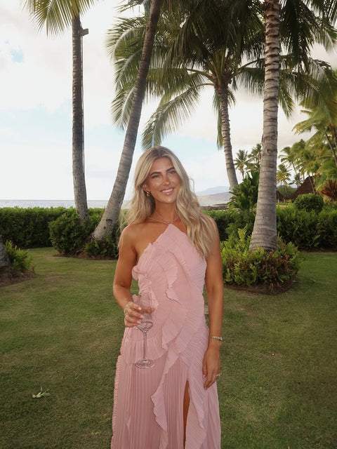 Laura | vestido largo de mujer con plisado y volantes