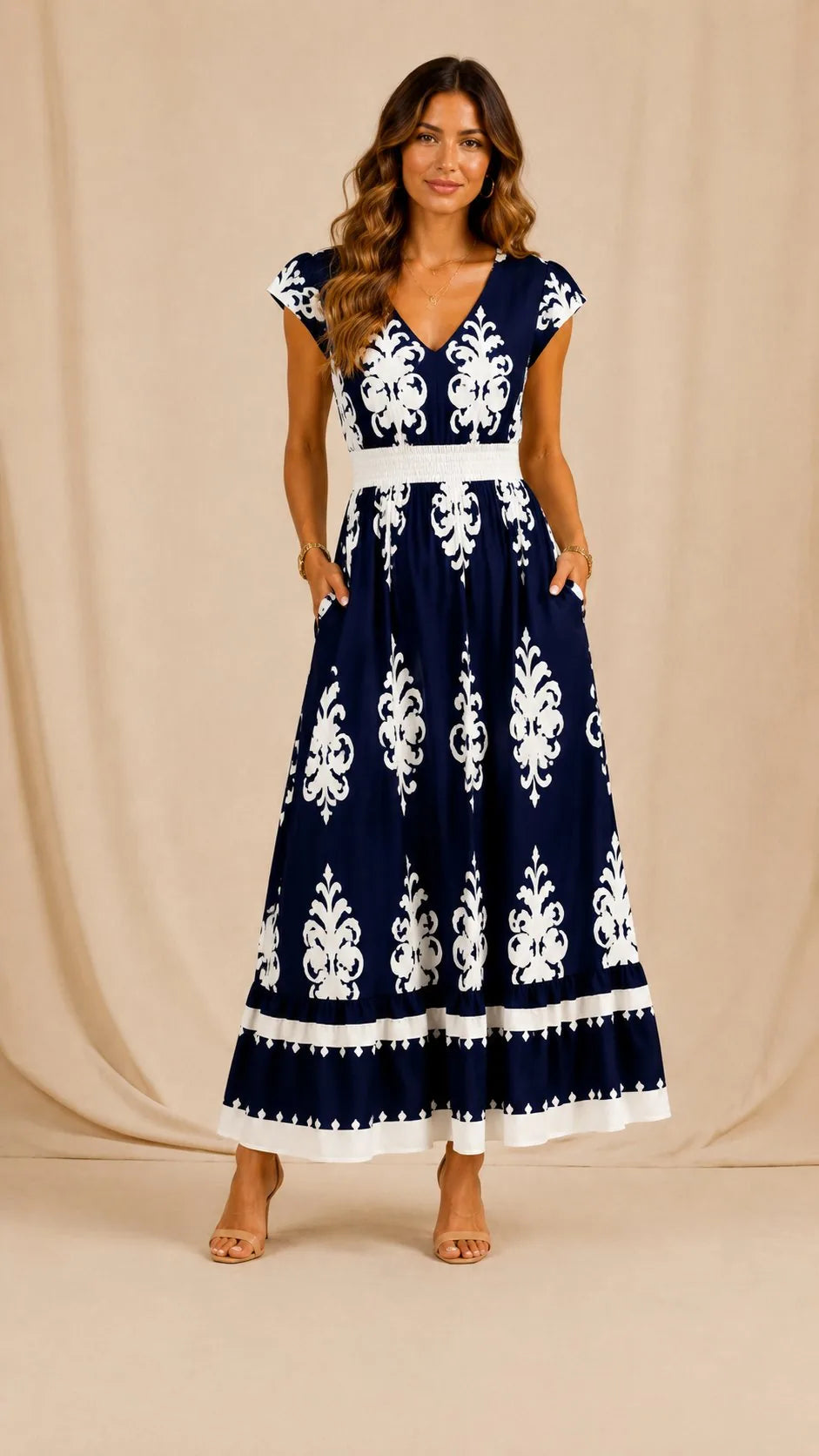 Santorini | Vestido Maxi Bordado Azul Marino