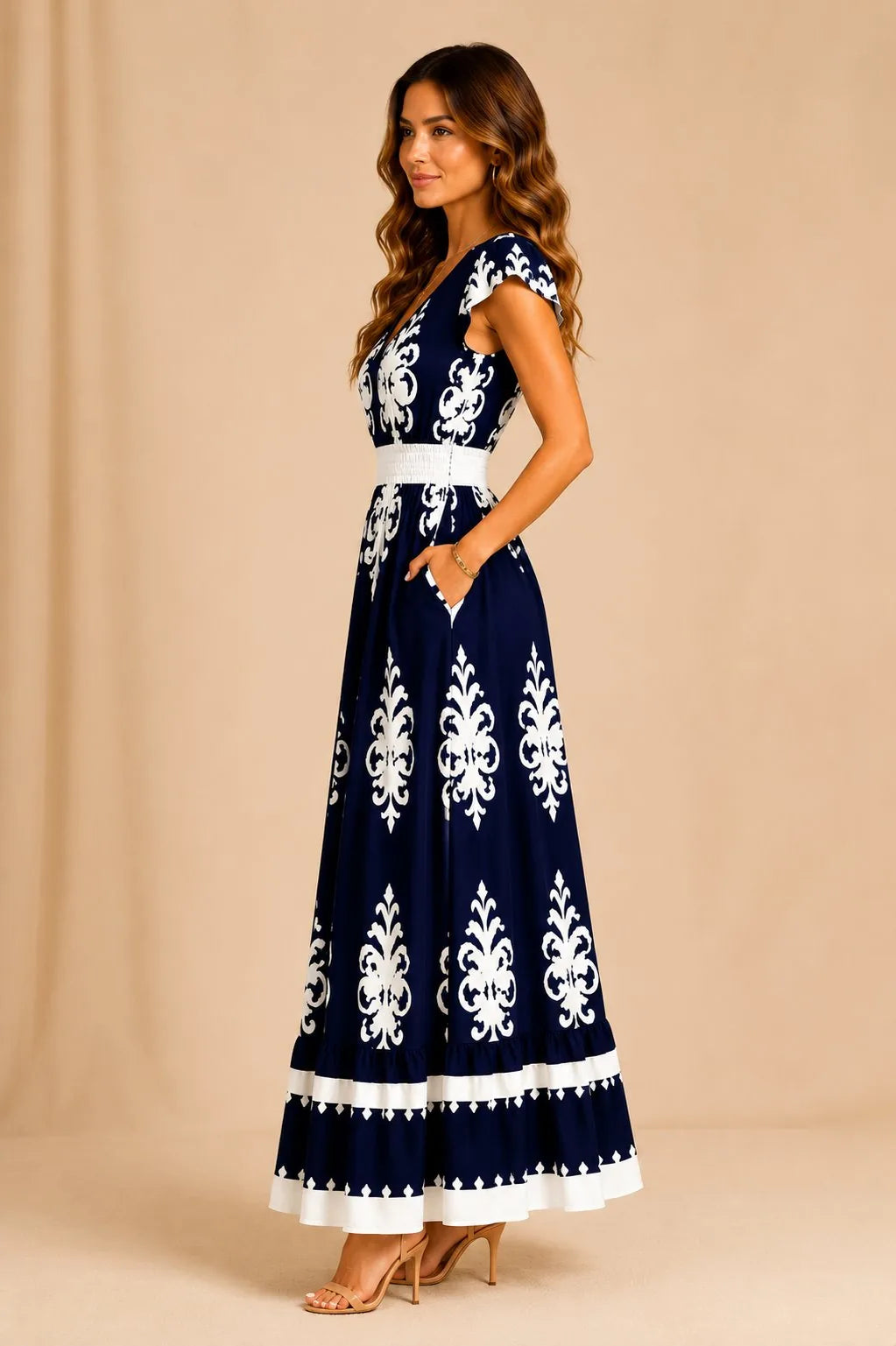 Santorini | Vestido Maxi Bordado Azul Marino